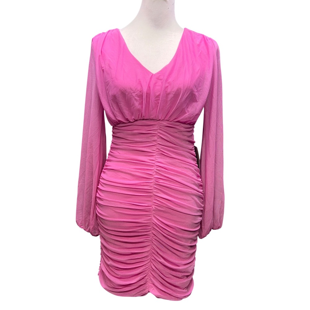 NWT Love X Design Ruched Mesh Mini Dress Womens Medium Pink Long Slv Barbiecore